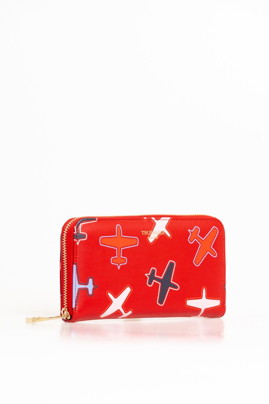 Women Trussardi Women'S Wallets | Trussardi Airplane Print Red Leather Zip Wallet