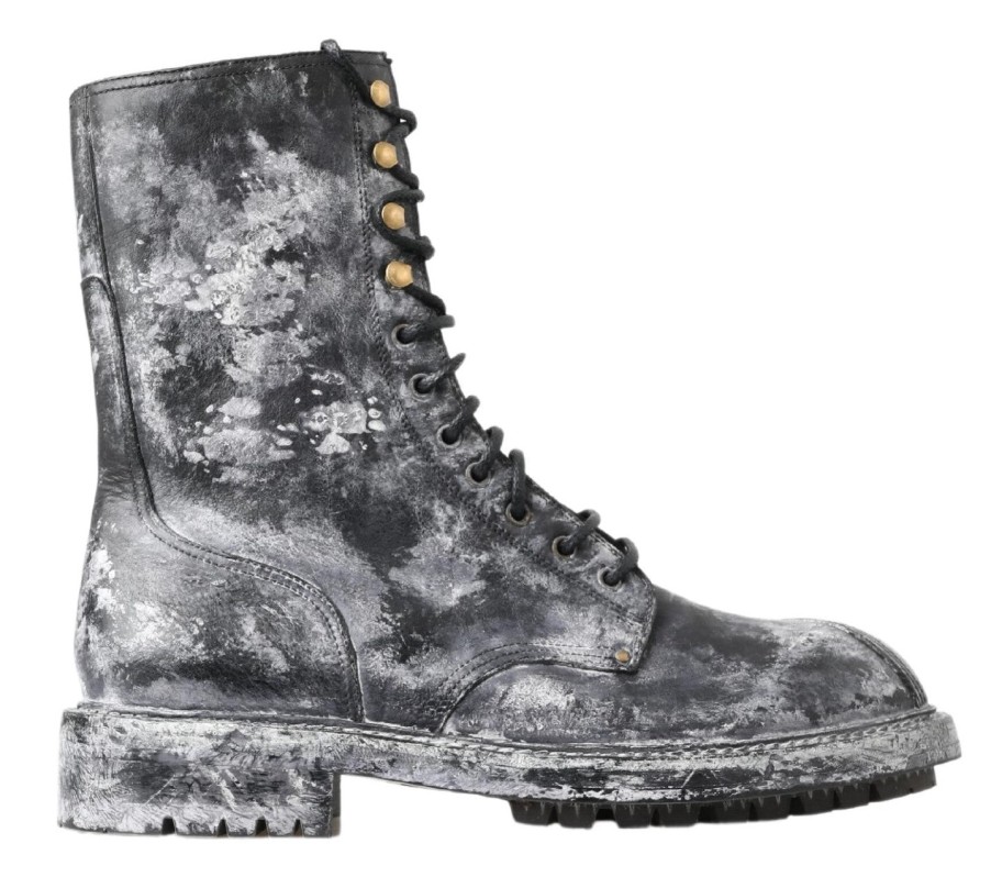 Men Dolce & Gabbana Men'S Boots | Dolce & Gabbana Black Gray Leather Mid Calf Boots Shoes