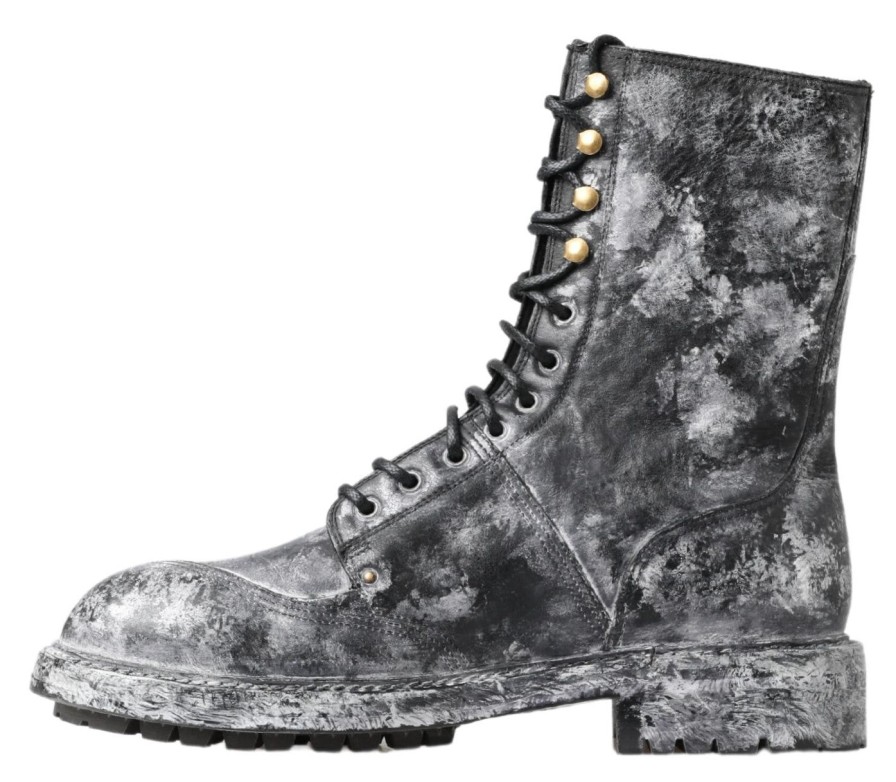 Men Dolce & Gabbana Men'S Boots | Dolce & Gabbana Black Gray Leather Mid Calf Boots Shoes