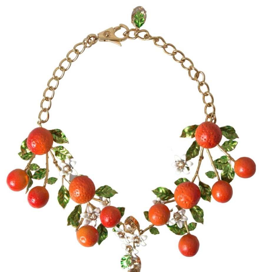 Women Dolce & Gabbana Women'S Necklaces | Dolce & Gabbana Gold Brass Oranges Flowers Crystal Chain Link Necklace