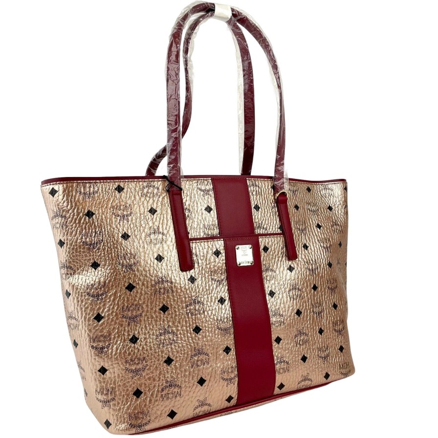 Women MCM Women'S Handbags | Mcm Mcm Chamoagne Women'S Gold Monogram Visetos Canvas Medium Tote Bag