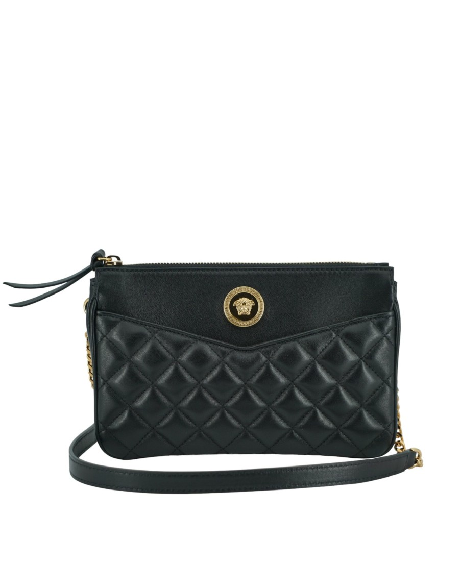 Women Versace Women'S Crossbody Bags | Versace Black Lamb Leather Pouch Crossbody Bag