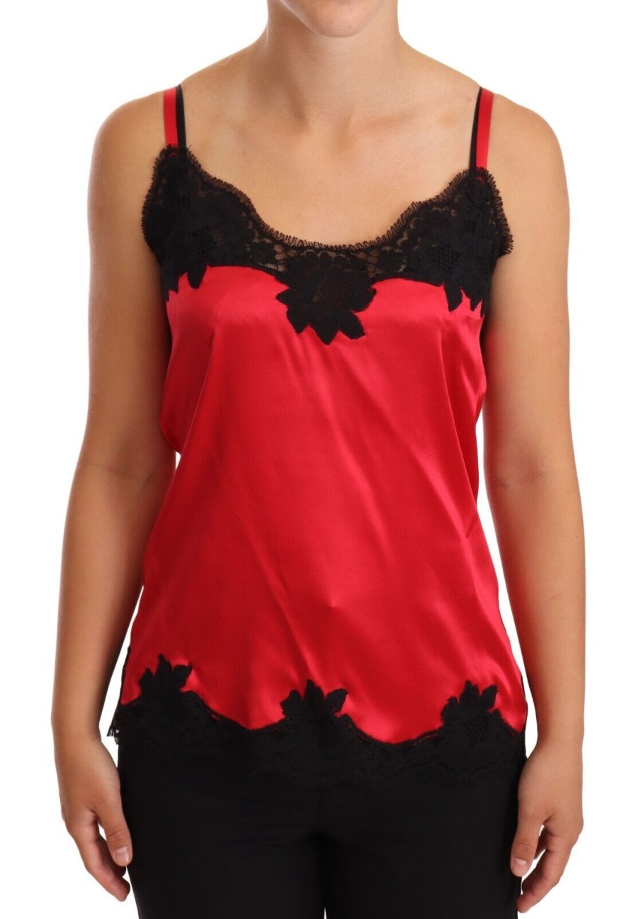 Women Dolce & Gabbana Women'S Sleepwear | Dolce & Gabbana Red Floral Lace Silk Satin Camisole Lingerie Top