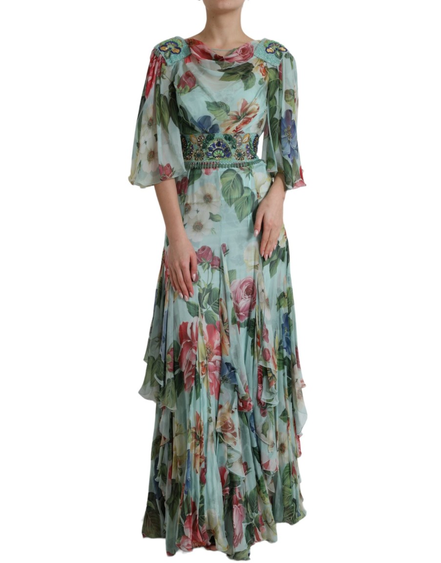 Women Dolce & Gabbana Women'S Dresses | Dolce & Gabbana Blue Floral Print Tiered Long Maxi Dress