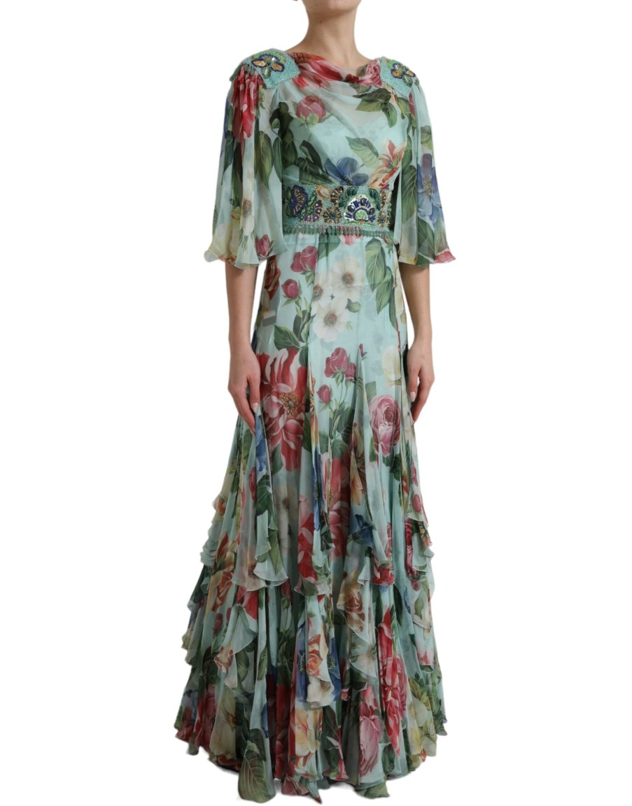 Women Dolce & Gabbana Women'S Dresses | Dolce & Gabbana Blue Floral Print Tiered Long Maxi Dress