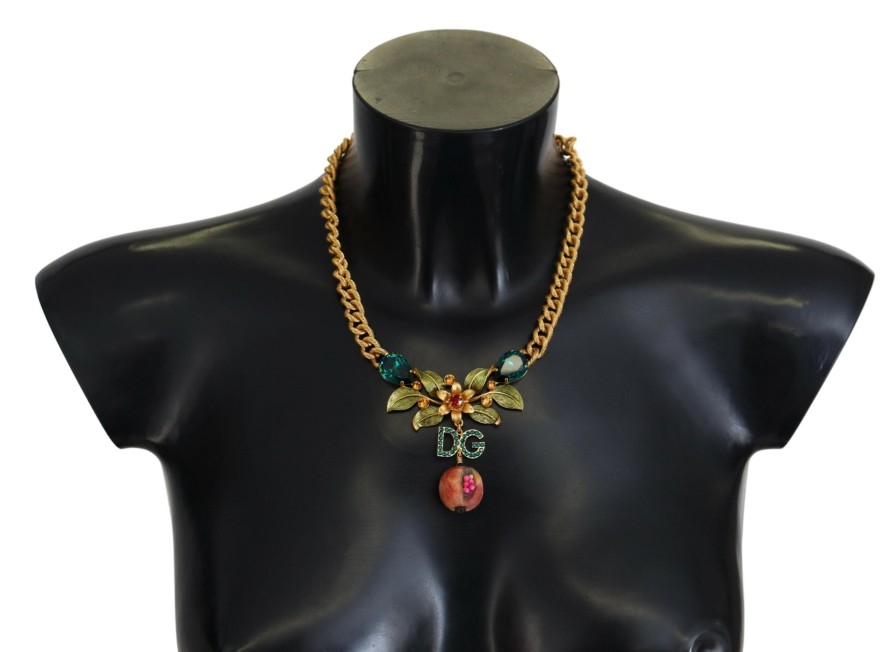 Women Dolce & Gabbana Women'S Necklaces | Dolce & Gabbana Gold Brass Crystal Logo Fruit Floral Statement Necklac