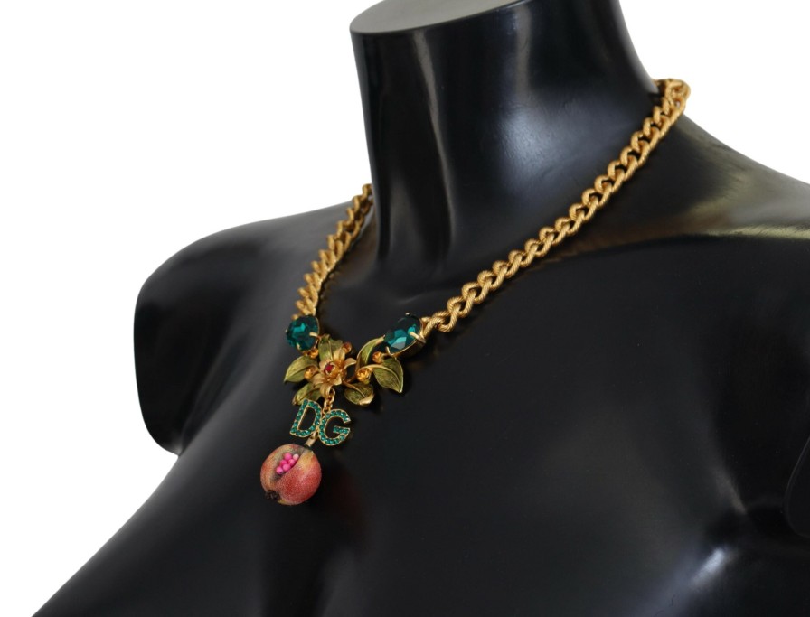 Women Dolce & Gabbana Women'S Necklaces | Dolce & Gabbana Gold Brass Crystal Logo Fruit Floral Statement Necklac