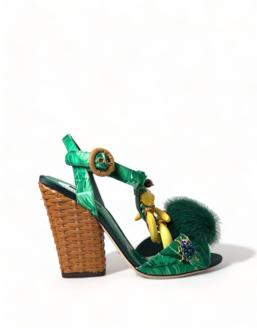 Women Dolce & Gabbana Women'S Sandals | Dolce & Gabbana Green Banana Leaf Embellished T-Strap Sandals Shoes