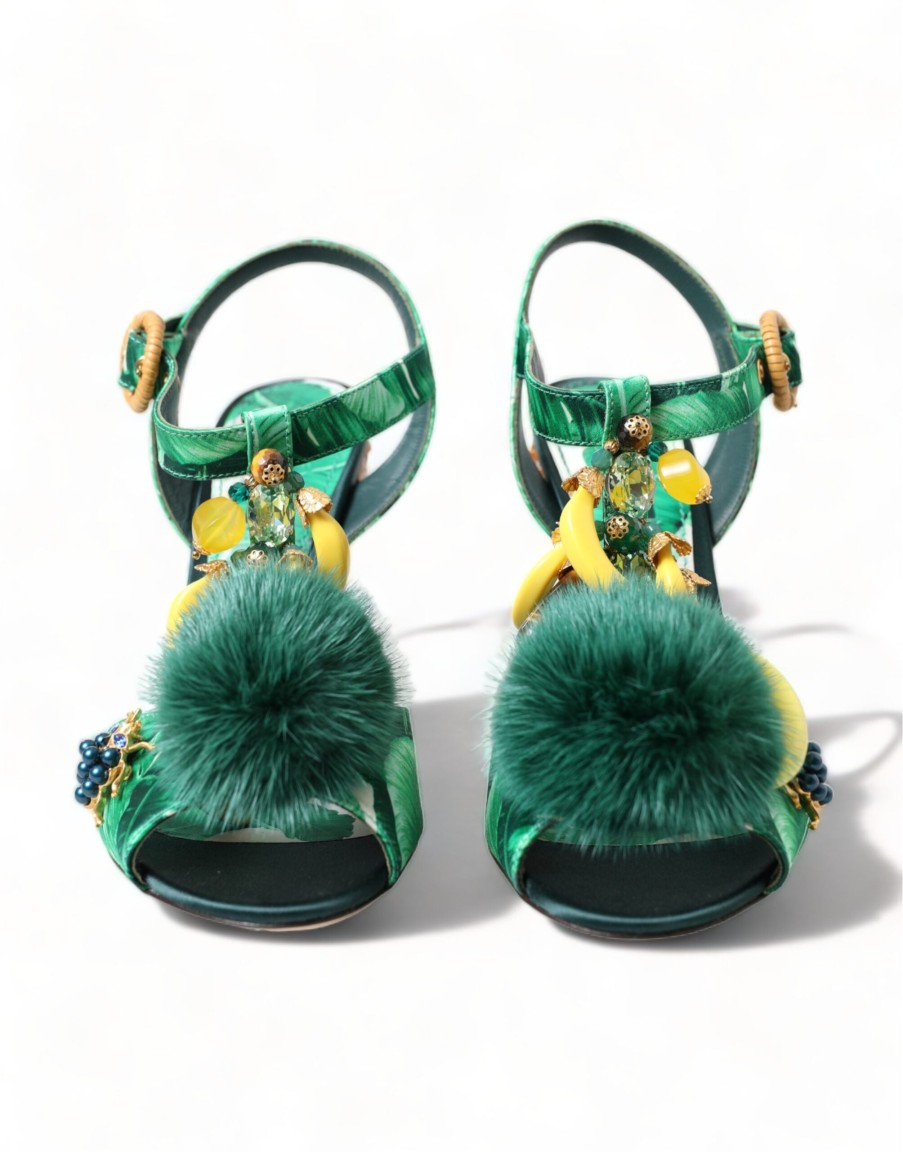 Women Dolce & Gabbana Women'S Sandals | Dolce & Gabbana Green Banana Leaf Embellished T-Strap Sandals Shoes