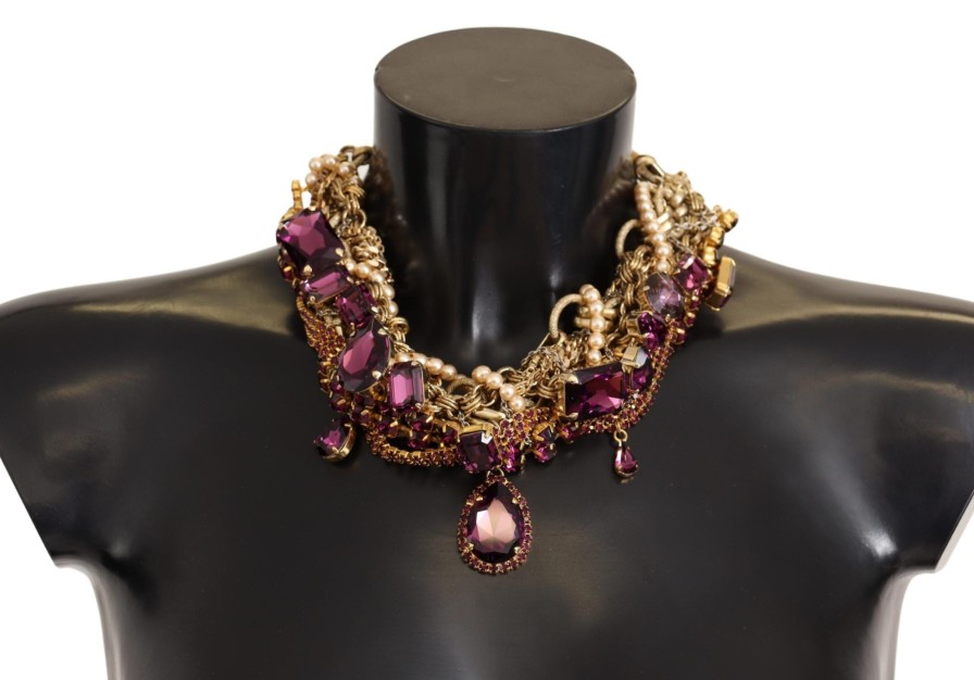 Women Dolce & Gabbana Women'S Necklaces | Dolce & Gabbana Gold Brass Sicily Purple Crystal Necklace