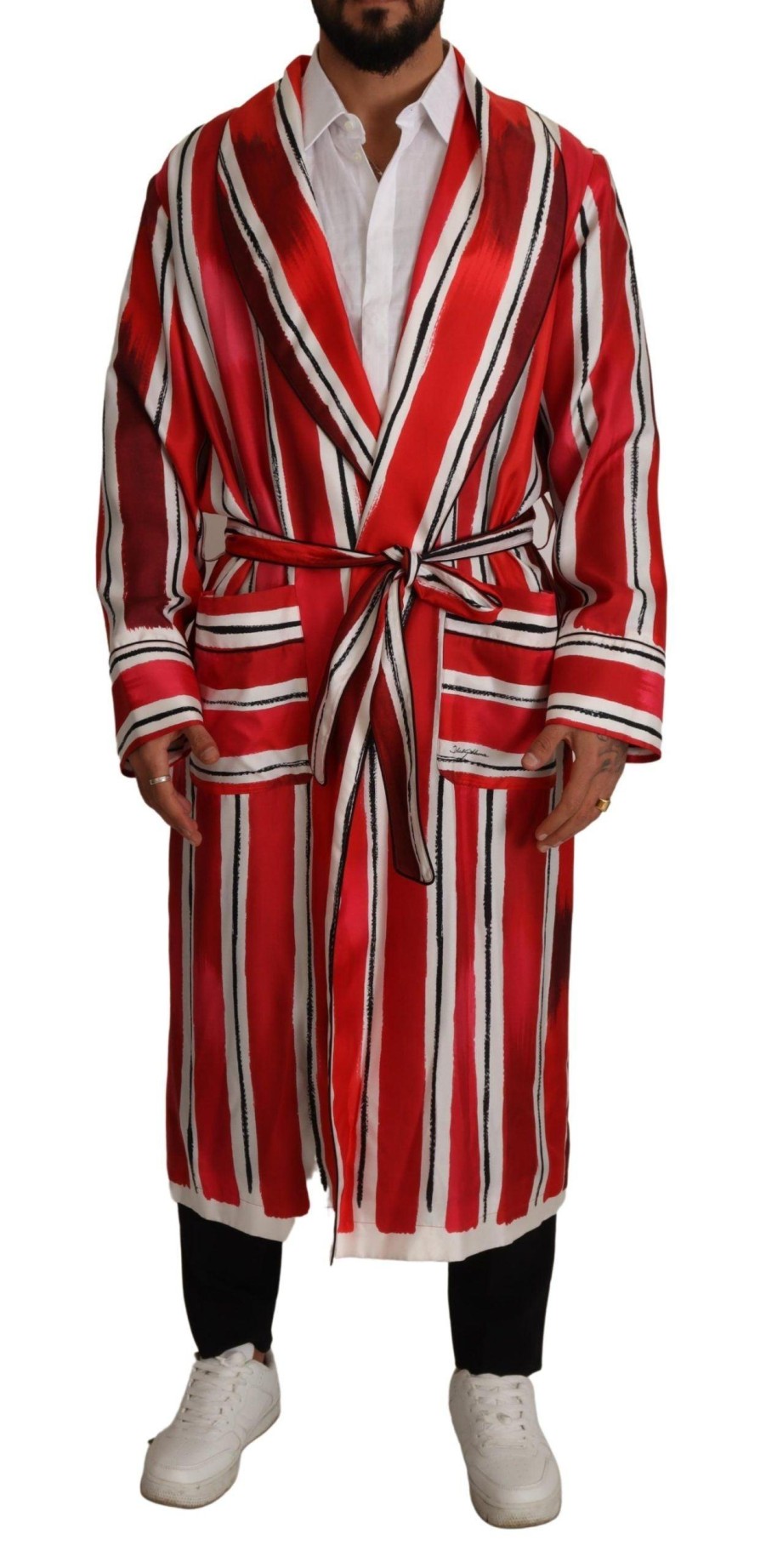 Men Dolce & Gabbana Men'S Sleepwear | Dolce & Gabbana Red White Striped Silk Mens Night Gown Robe