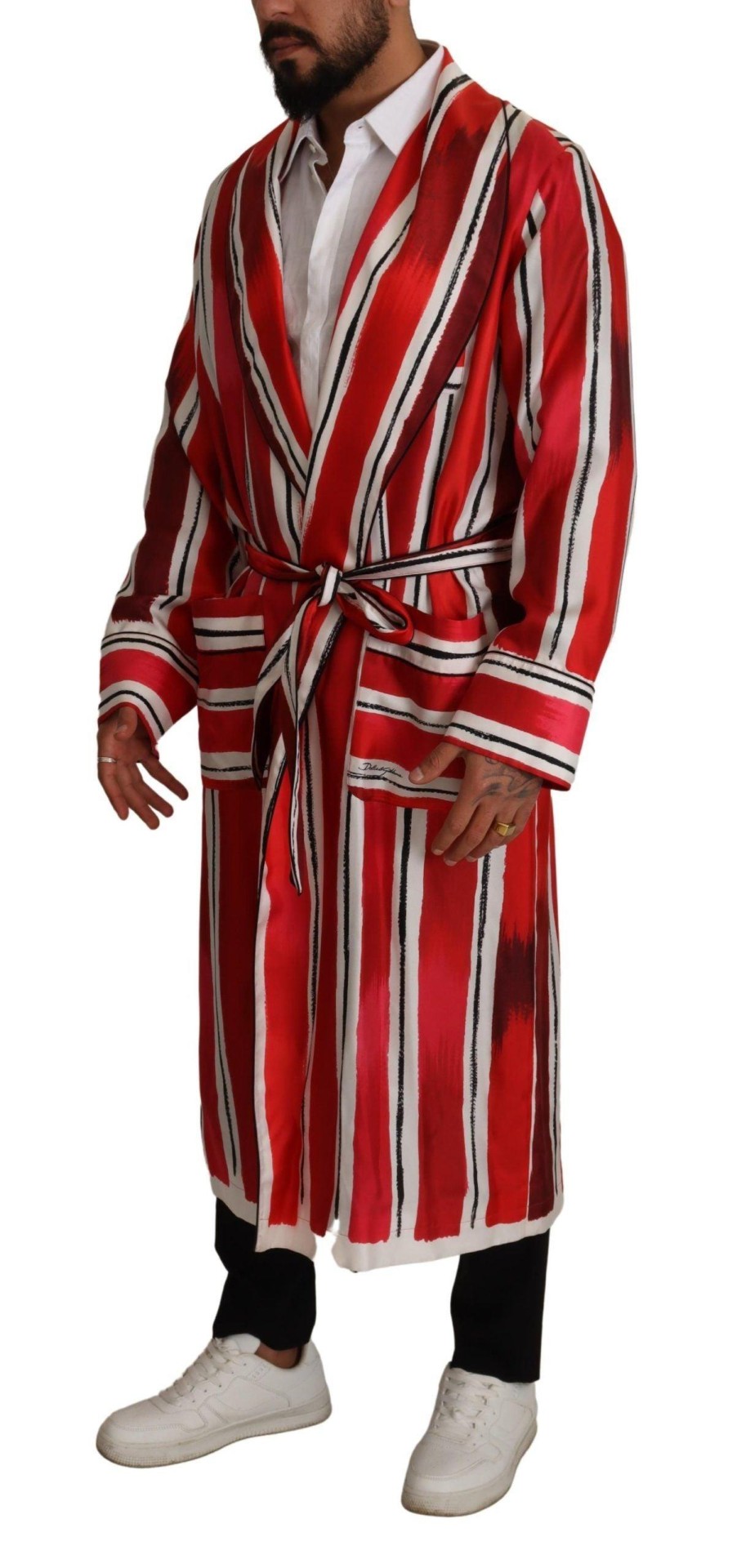 Men Dolce & Gabbana Men'S Sleepwear | Dolce & Gabbana Red White Striped Silk Mens Night Gown Robe