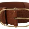 Women Dolce & Gabbana Women'S Belts | Dolce & Gabbana Brown Wide Waist Leather Gold Oval Metal Buckle Belt