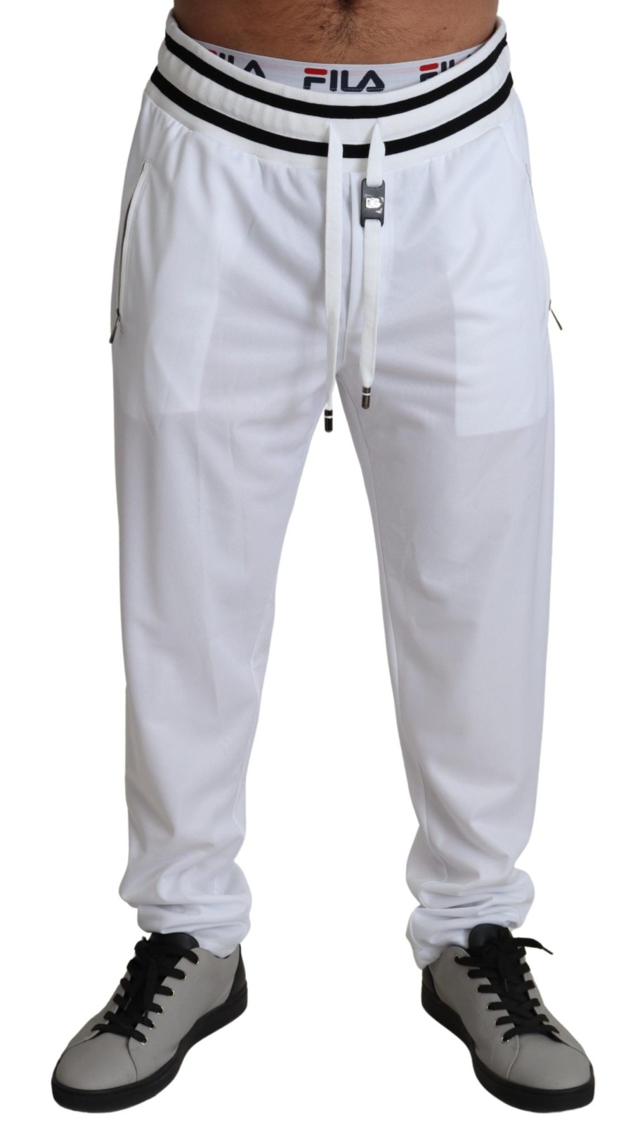 Men Dolce & Gabbana Men'S Jeans & Pants | Dolce & Gabbana White Polyester Logo Patch Sweatpants Pants