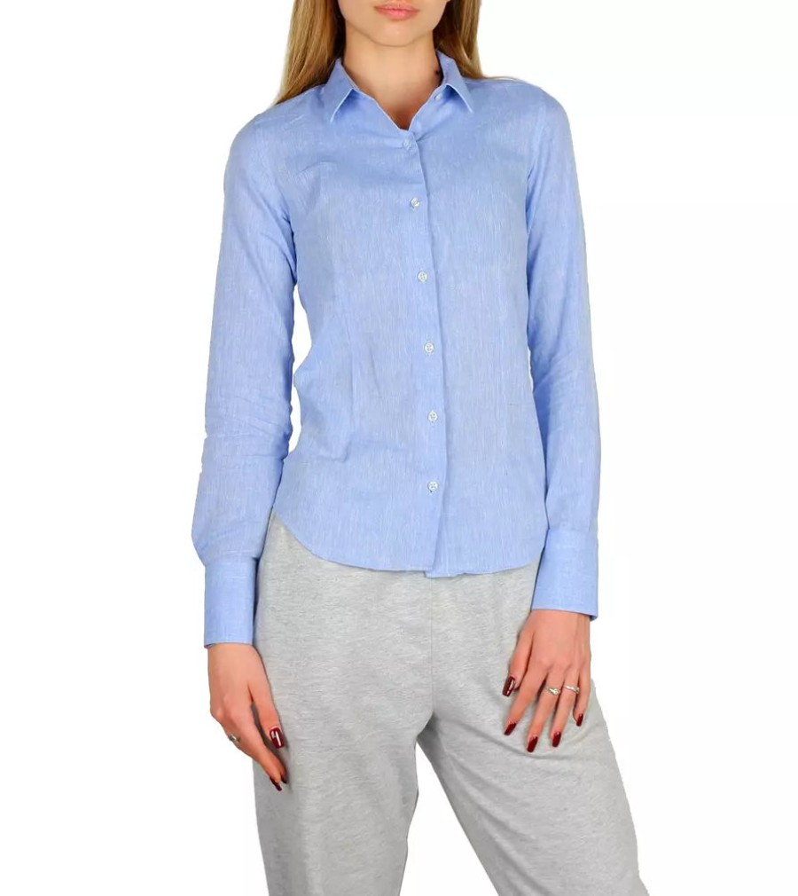 Women Made in Italy Women'S Shirts | Made In Italy Elegant Light Blue Cotton-Linen Blend Shirt