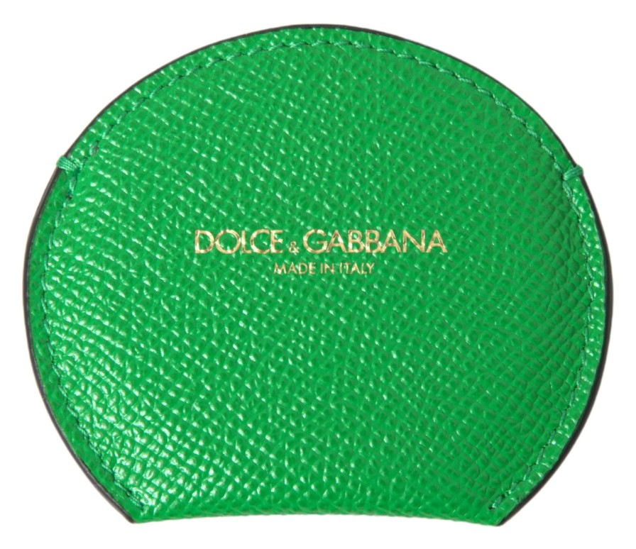 Women Dolce & Gabbana Women'S Others Accessories | Dolce & Gabbana Green Calfskin Leather Round Logo Hand Mirror Holder