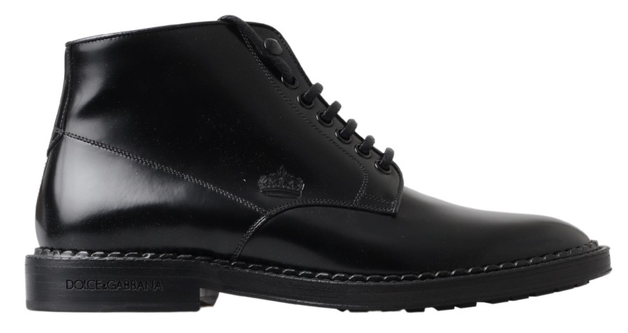 Men Dolce & Gabbana Men'S Boots | Dolce & Gabbana Black Leather Men Short Boots Lace Up Shoes