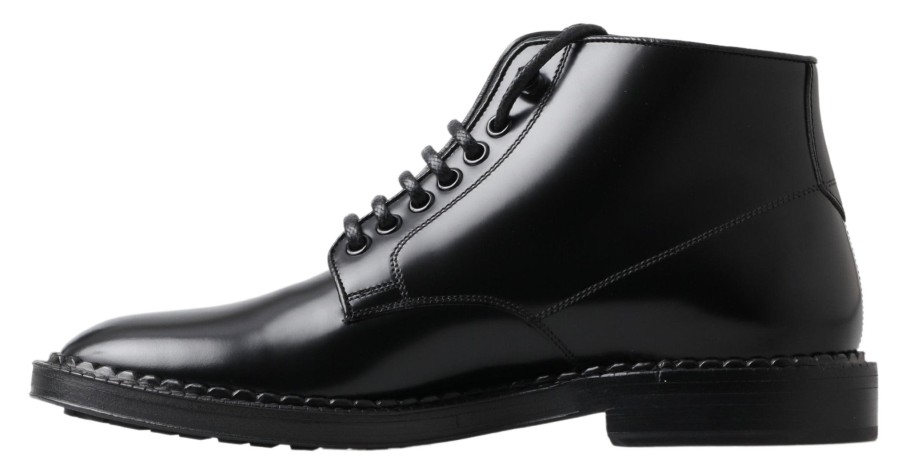 Men Dolce & Gabbana Men'S Boots | Dolce & Gabbana Black Leather Men Short Boots Lace Up Shoes