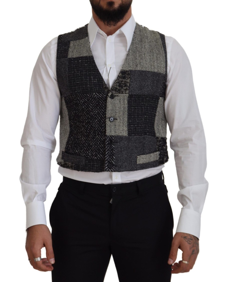 Men Dolce & Gabbana Men'S Vests | Dolce & Gabbana Multicolor Patchwork Wool Cropped Waistcoat Vest