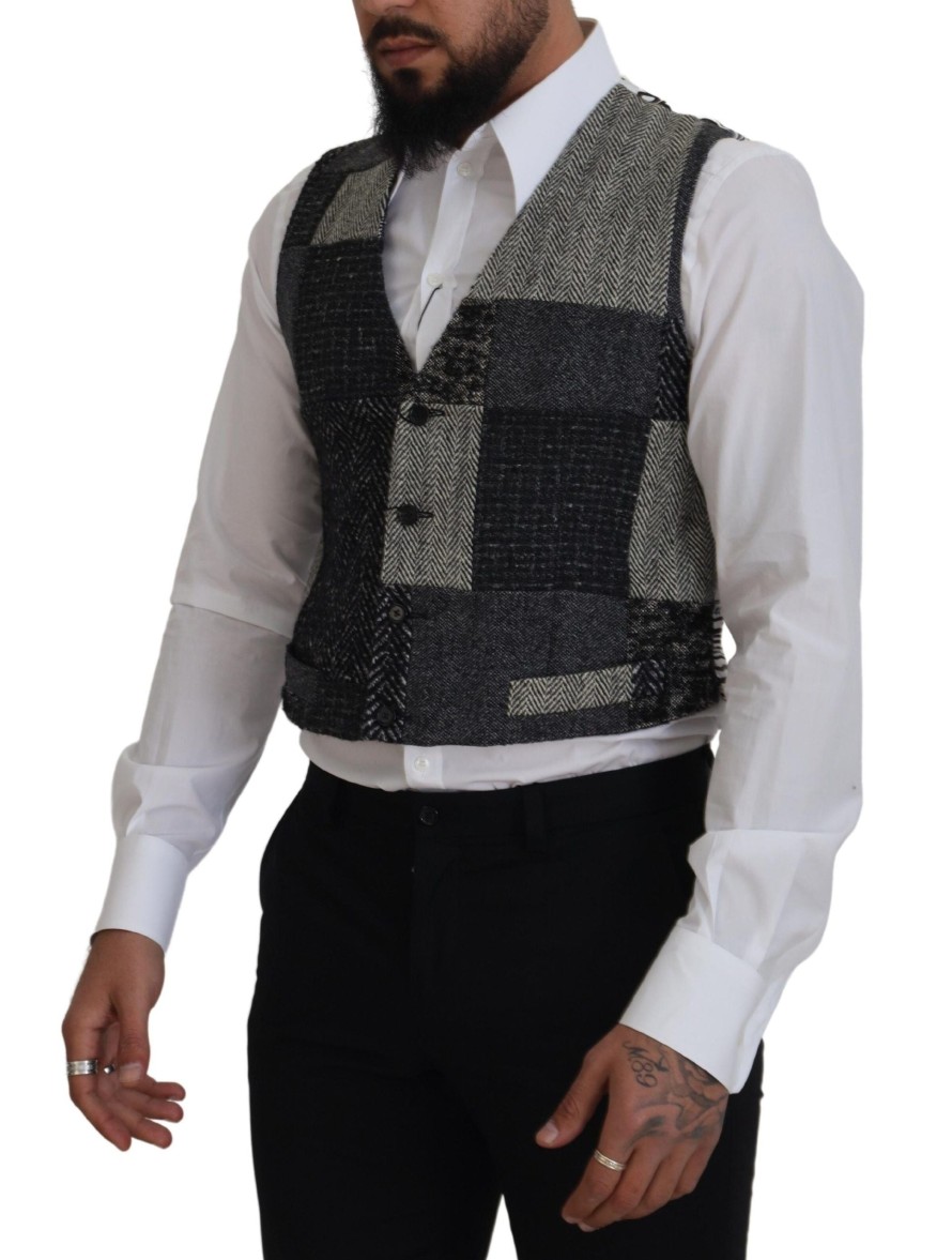 Men Dolce & Gabbana Men'S Vests | Dolce & Gabbana Multicolor Patchwork Wool Cropped Waistcoat Vest