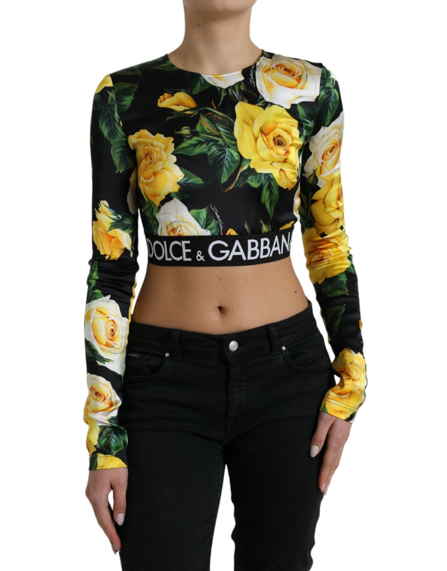 Women Dolce & Gabbana Women'S Tops & T-Shirts | Dolce & Gabbana Multicolor Floral Long Sleeves Cropped Top