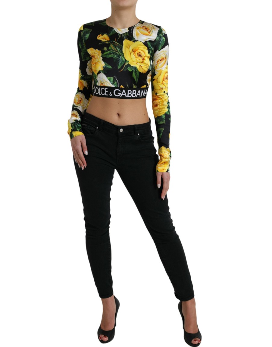 Women Dolce & Gabbana Women'S Tops & T-Shirts | Dolce & Gabbana Multicolor Floral Long Sleeves Cropped Top