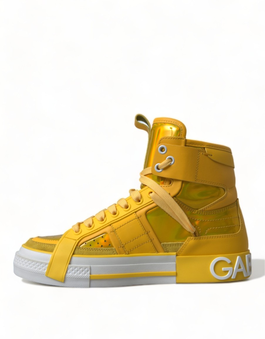 Women Dolce & Gabbana Women'S Sneakers | Dolce & Gabbana Yellow White Leather High Top Sneakers Shoes