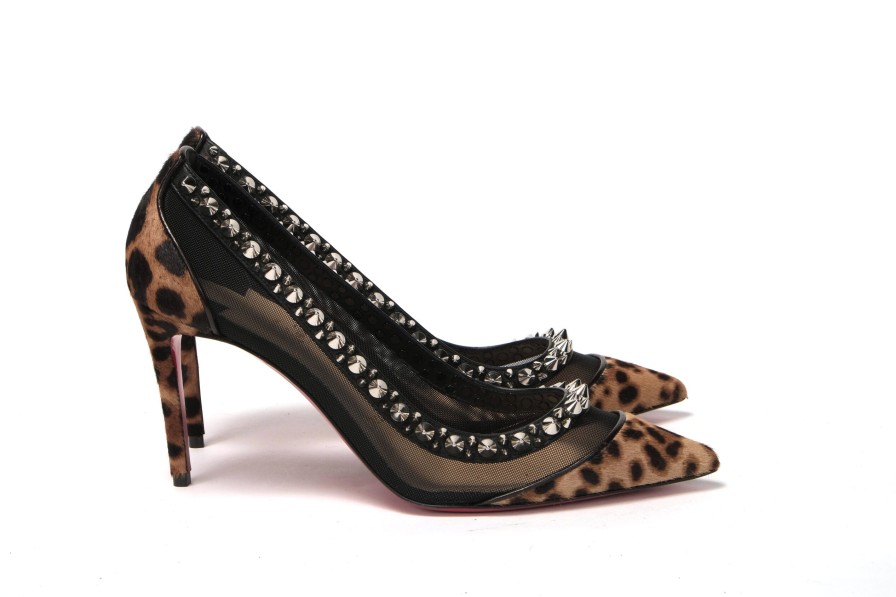 Women Christian Louboutin Women'S Pumps | Christian Louboutin Brown Silver Leopard Nappa And Mesh Studded High