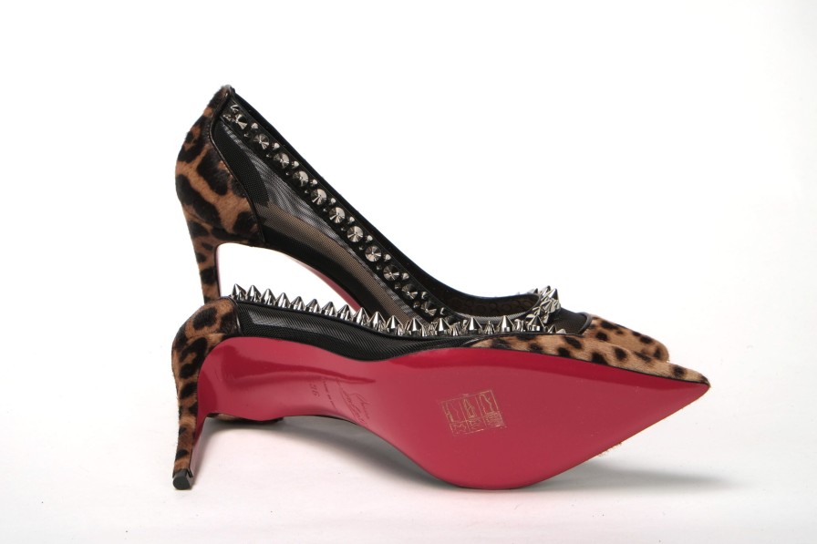 Women Christian Louboutin Women'S Pumps | Christian Louboutin Brown Silver Leopard Nappa And Mesh Studded High