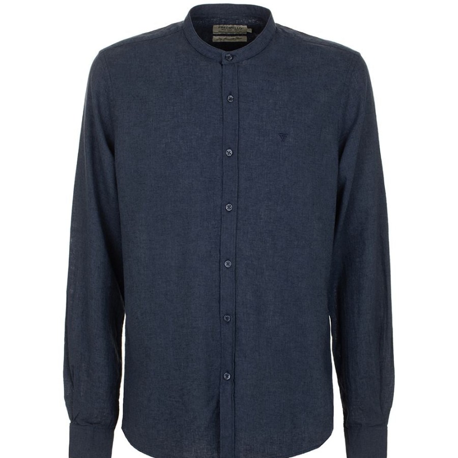 Men Fred Mello Men'S Shirts | Fred Mello Blue Linen-Cotton Mandarin Collar Shirt