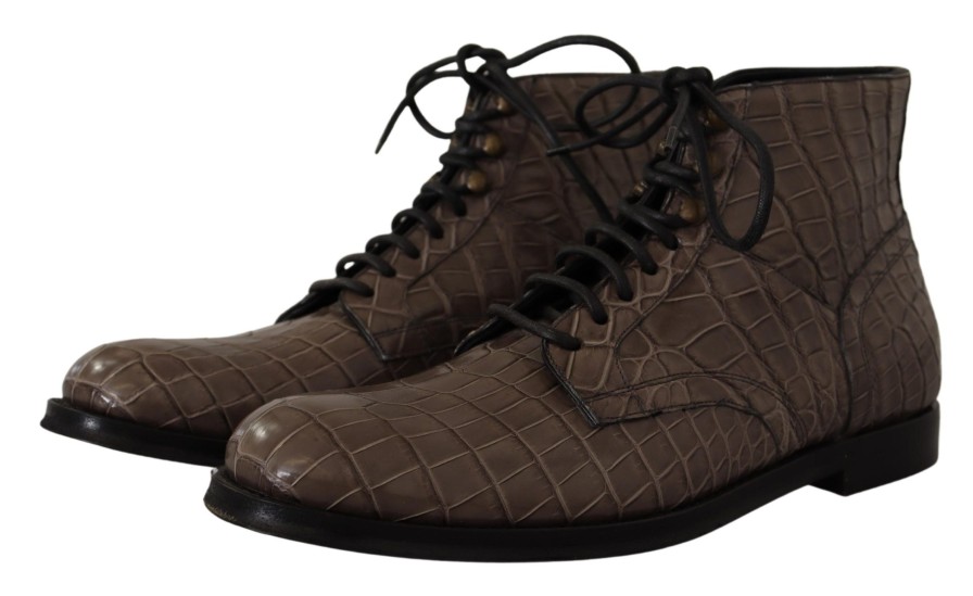 Men Dolce & Gabbana Men'S Boots | Dolce & Gabbana Gray Crocodile Leather Derby Boots