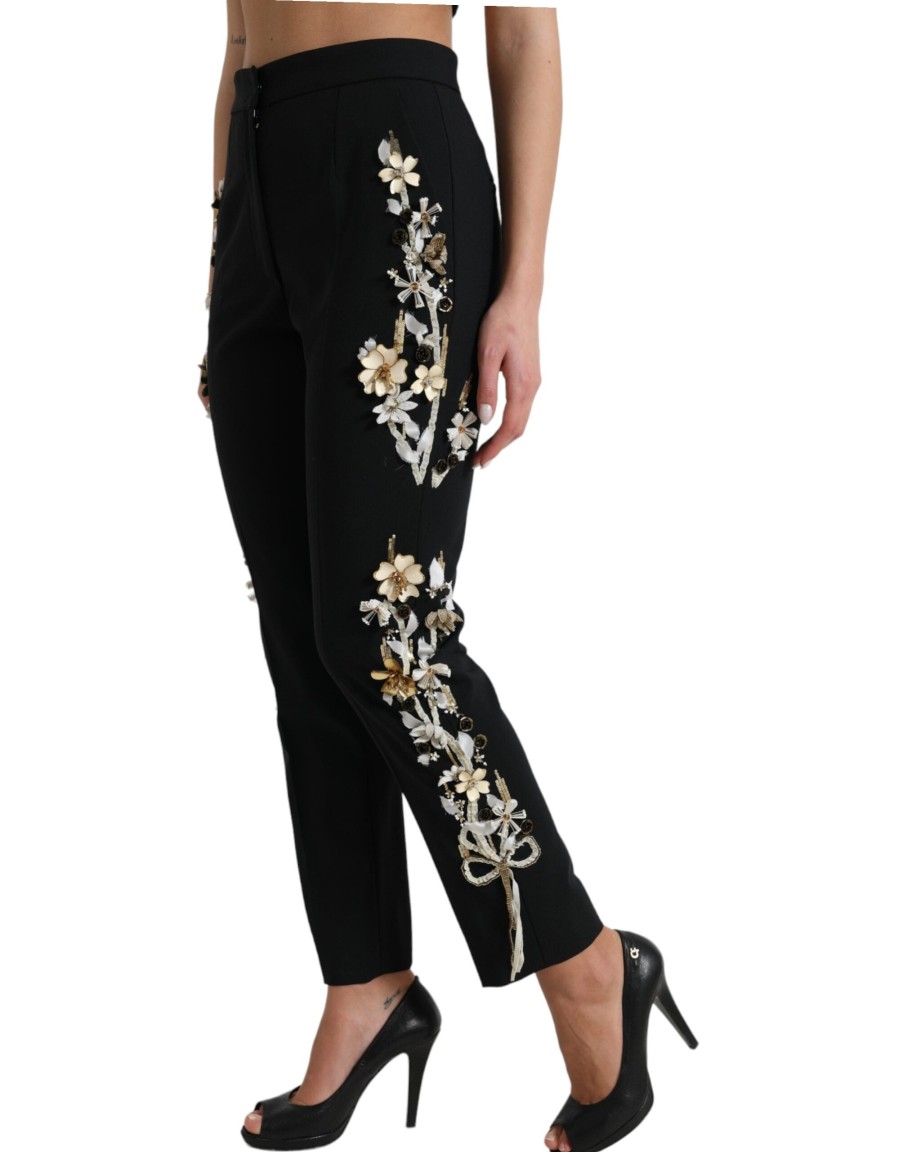 Women Dolce & Gabbana Women'S Pants & Jeans | Dolce & Gabbana Black Floral Applique High Waist Tapered Pants