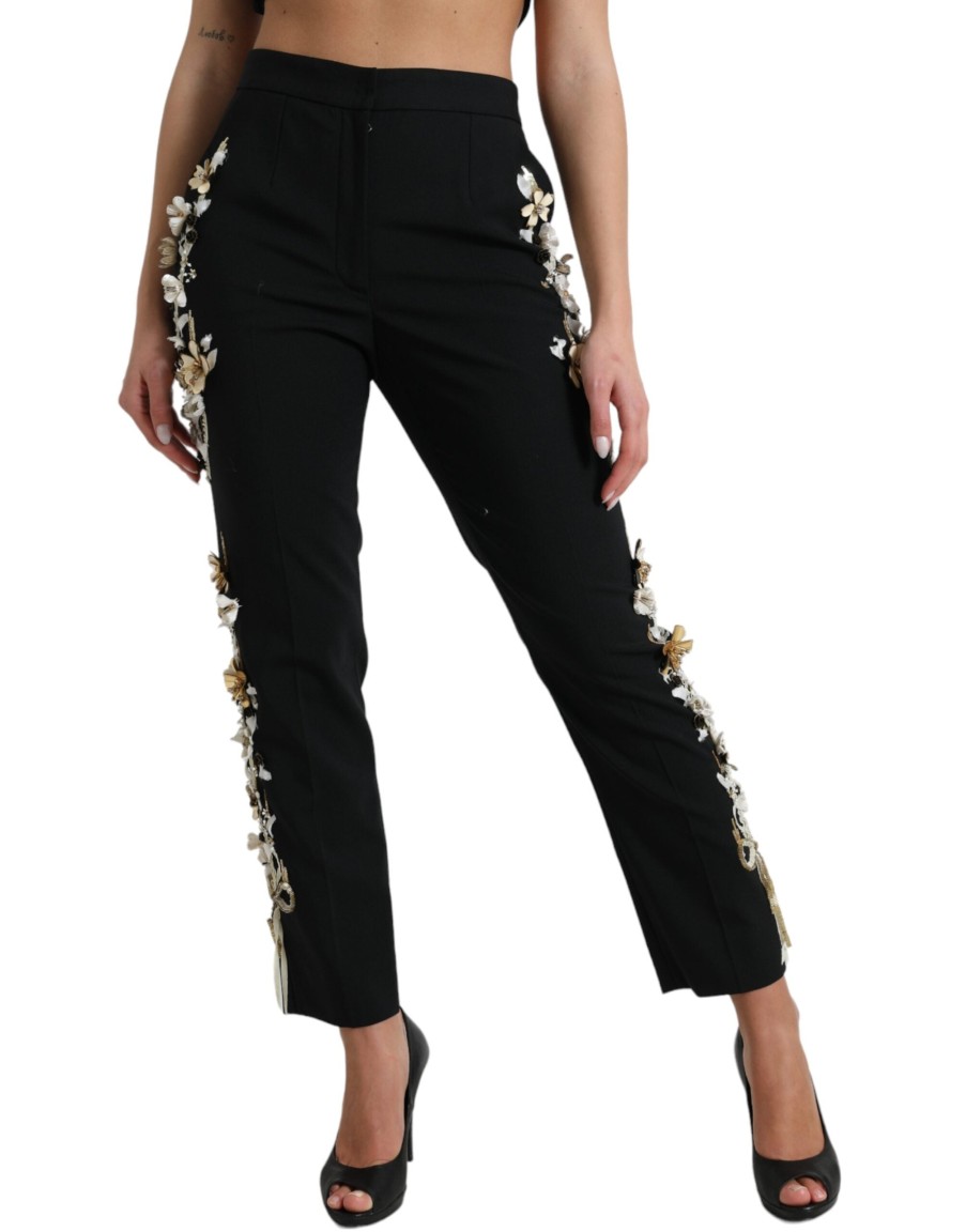 Women Dolce & Gabbana Women'S Pants & Jeans | Dolce & Gabbana Black Floral Applique High Waist Tapered Pants