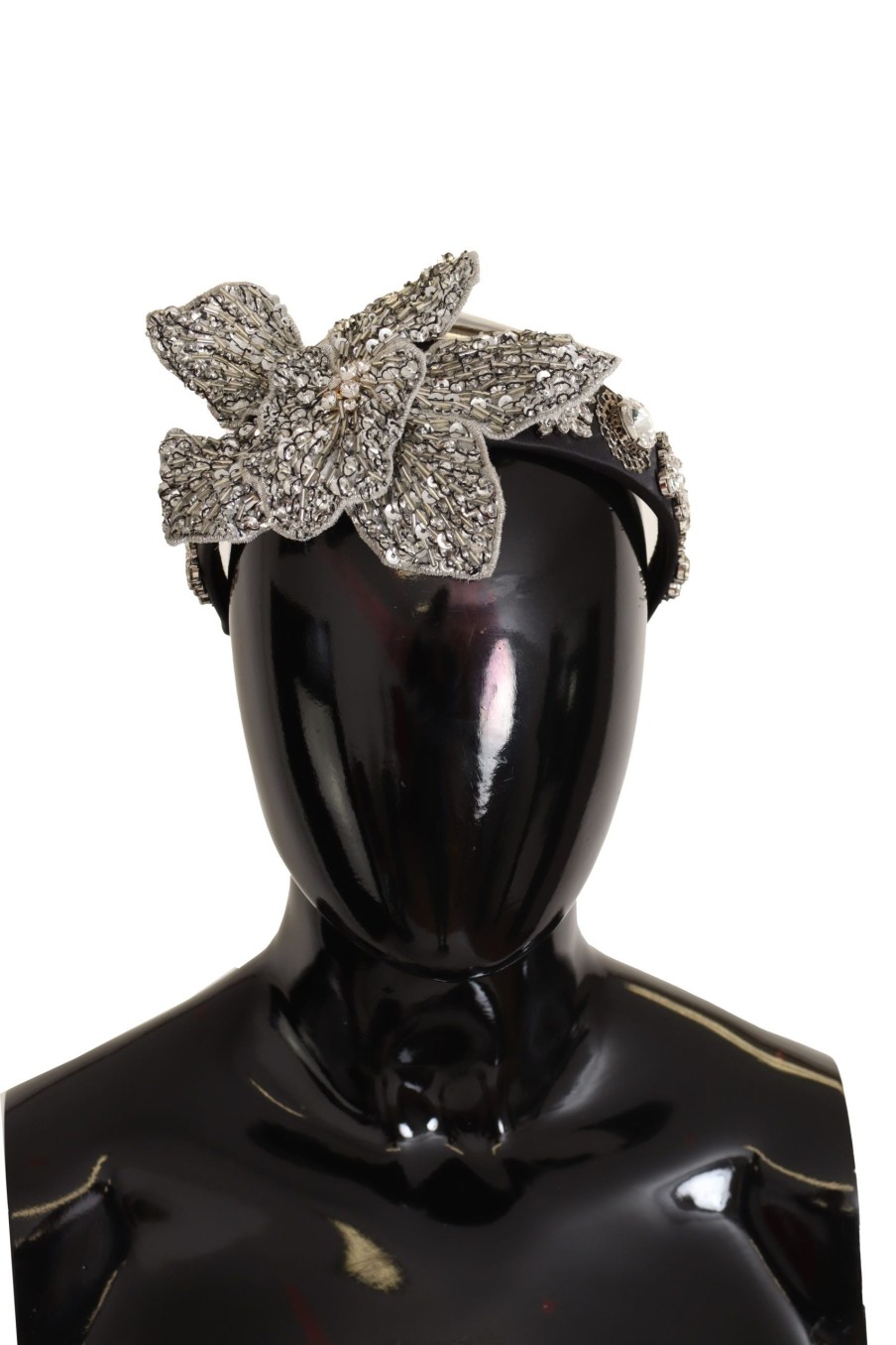 Women Dolce & Gabbana Women'S Headbands | Dolce & Gabbana Black Crystal Beaded Sequined Large Flower Diadem Head