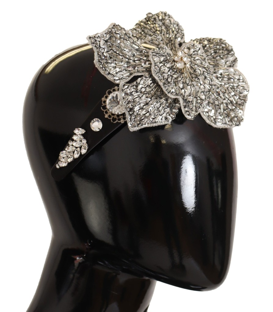 Women Dolce & Gabbana Women'S Headbands | Dolce & Gabbana Black Crystal Beaded Sequined Large Flower Diadem Head