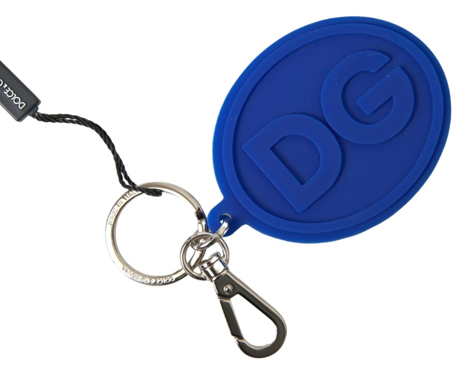 Women Dolce & Gabbana Women'S Keychains | Dolce & Gabbana Blue Rubber Dg Logo Silver Brass Metal Keyring Keychai