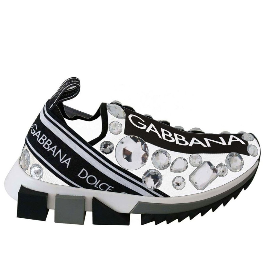 Women Dolce & Gabbana Women'S Sneakers | Dolce & Gabbana Elegant Stretch Jewel Sneakers In White