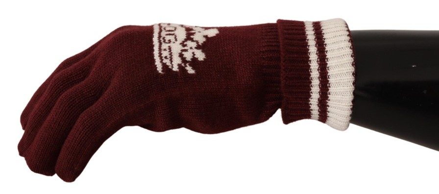 Men Dolce & Gabbana Men'S Gloves | Dolce & Gabbana Red White D&G Logo Crown Cashmere Gloves