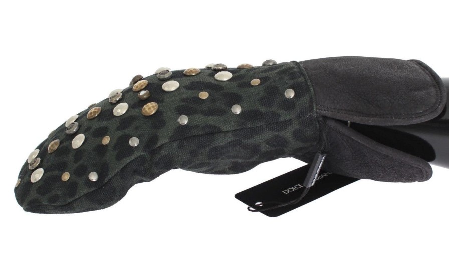 Men Dolce & Gabbana Men'S Gloves | Dolce & Gabbana Gray Wool Shearling Studded Green Leopard Gloves