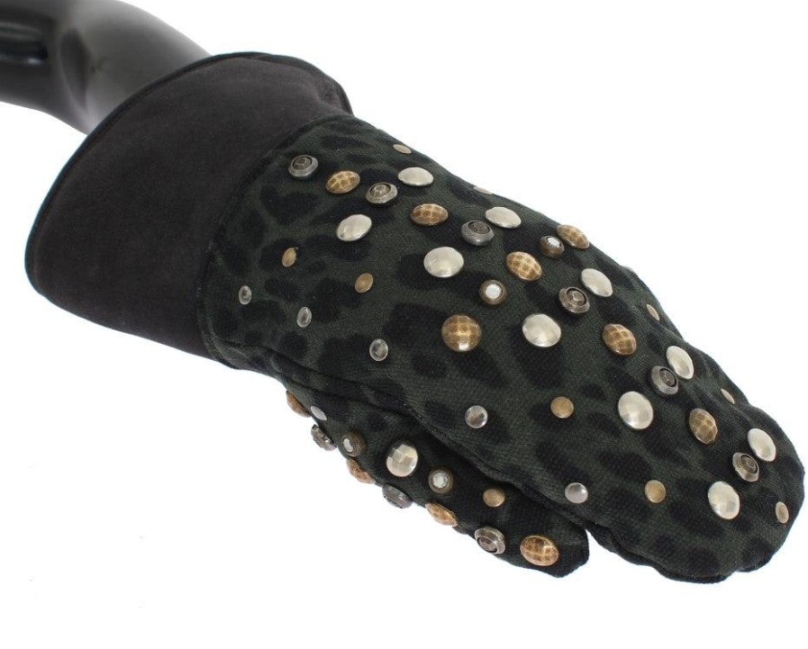 Men Dolce & Gabbana Men'S Gloves | Dolce & Gabbana Gray Wool Shearling Studded Green Leopard Gloves