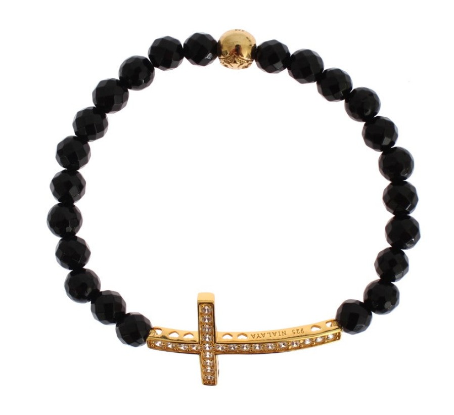 Women Nialaya Women'S Bracelets | Nialaya Agate Stone Gold Cz Cross 925 Silver Bracelet