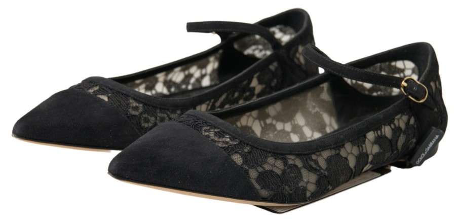 Women Dolce & Gabbana Women'S Flat Shoes | Dolce & Gabbana Black Lace Loafers Ballerina Flats Shoes