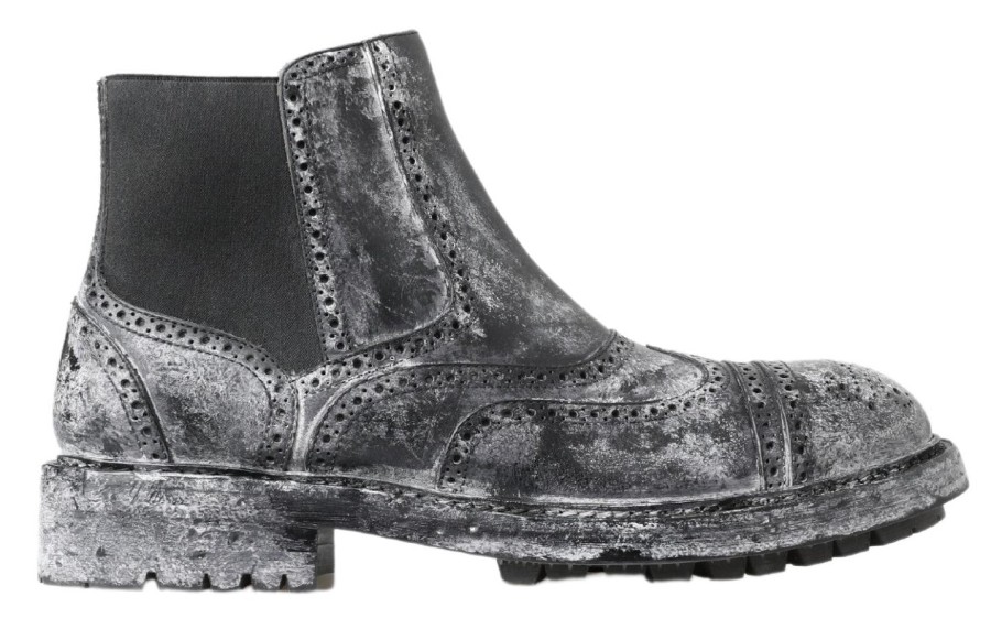 Men Dolce & Gabbana Men'S Boots | Dolce & Gabbana Black Gray Leather Ankle Boots