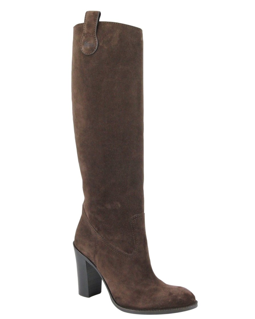 Women Gucci Women'S Boots | Gucci Brown Leather Suede Tall Knee Boots