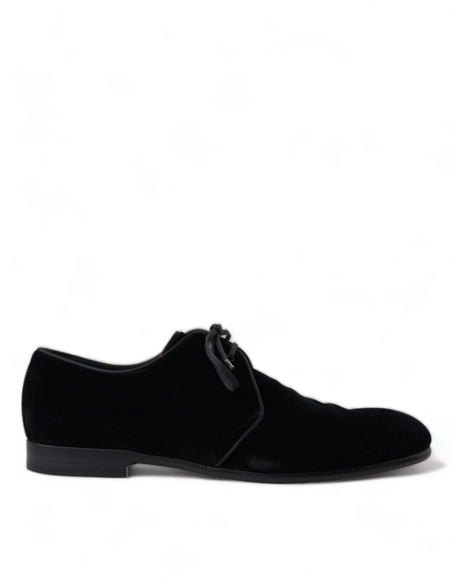 Men Dolce & Gabbana Men'S Formal | Dolce & Gabbana Black Velvet Lace Up Formal Derby Dress Shoes