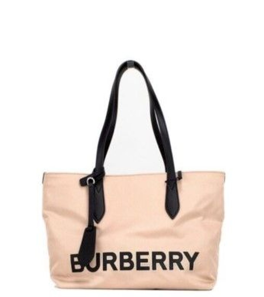 Women Burberry Women'S Tote Bags | Burberry Small Rose Beige Logo Branded Econyl Nylon Tote Shoulder Hand