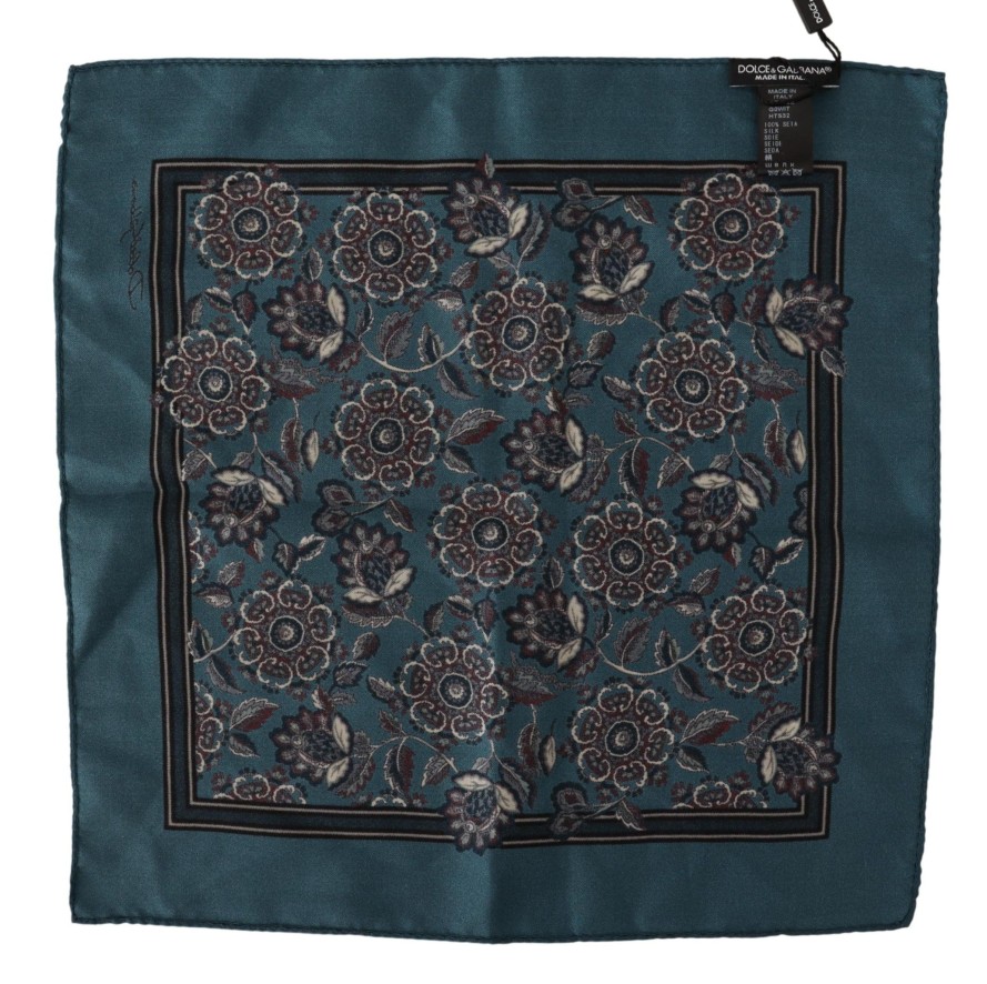 Men Dolce & Gabbana Men'S Handkerchief | Dolce & Gabbana Blue Floral Silk Square Handkerchief Scarf