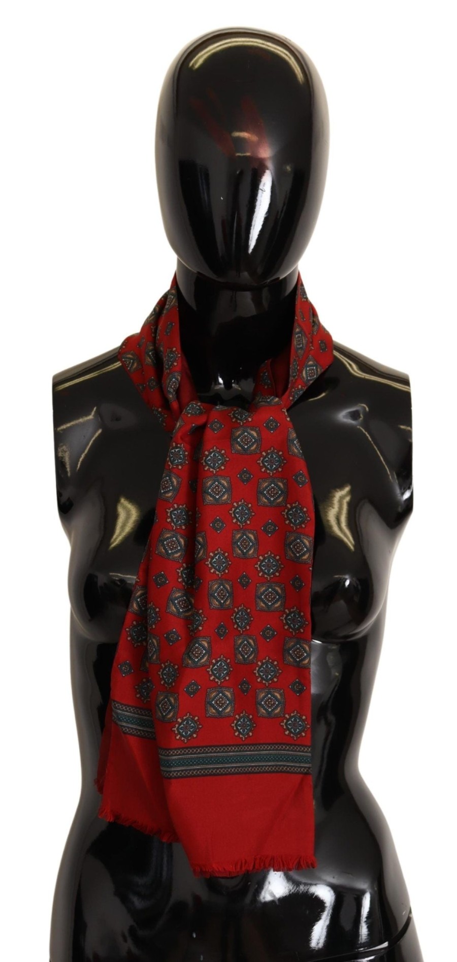 Women Dolce & Gabbana Women'S Scarves | Dolce & Gabbana Red Patterned 100% Silk Wrap Women Shawl Scarf