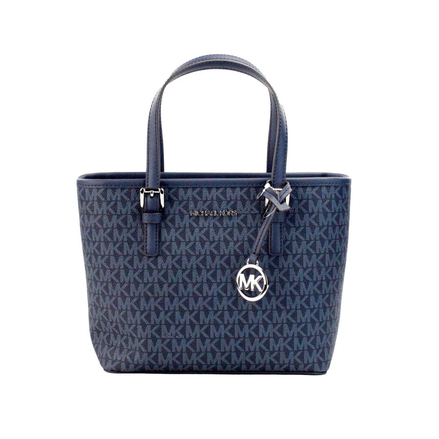 Women Michael Kors Women'S Tote Bags | Michael Kors Jet Set Navy Pvc Leather Xs Carryall Top Zip Tote Bag Pur