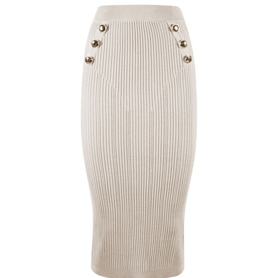 Women Yes Zee Women'S Skirts | Yes Zee Chic Beige Pencil Skirt With Decorative Buttons